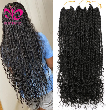 REINE 22 inch  Box Braids With Curls End Black Ombre Brown Synthetic Crochet Synthetic Braided Hair Extensions For Woman